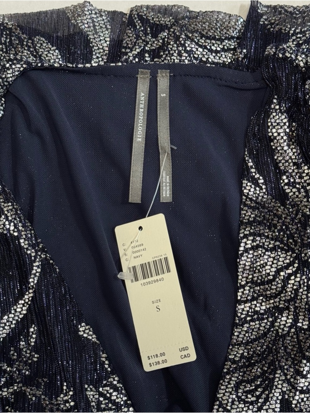Anthropologie Romantic Glam Navy Metallic Silver Smocked Blouse NWT S Sheer - Picture 9 of 9